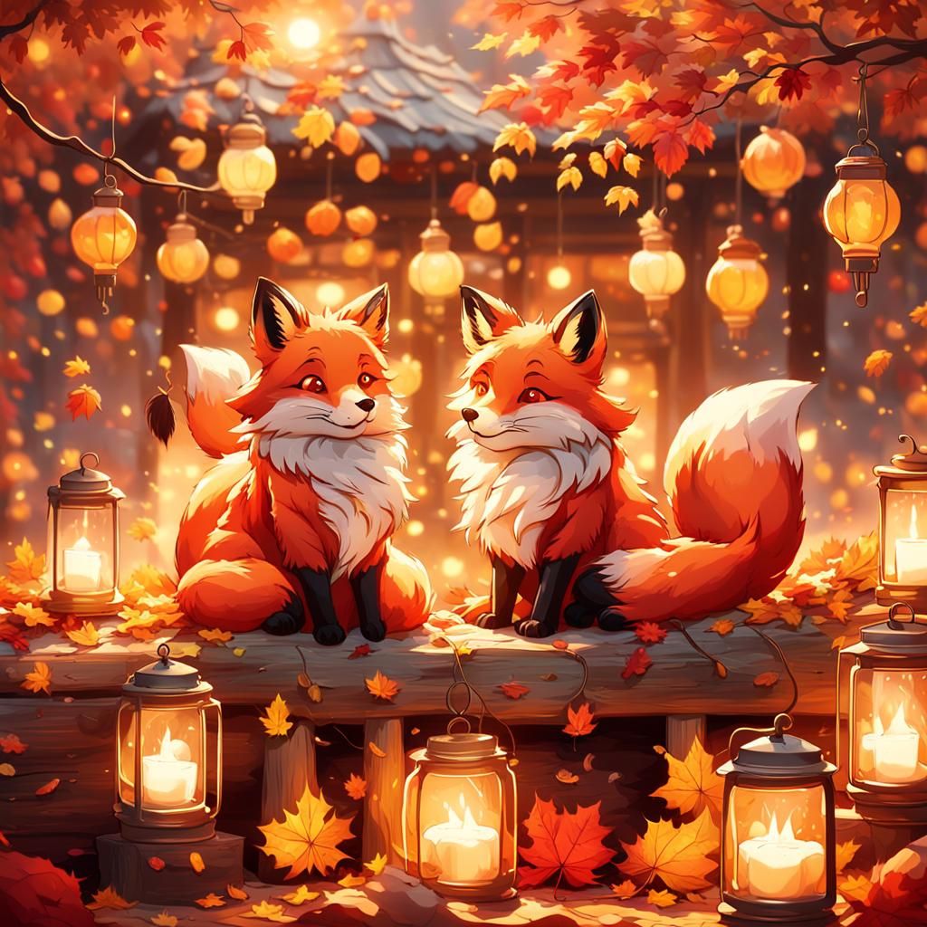 Whimsical Autumn Foxes Enjoying Hot Cider
