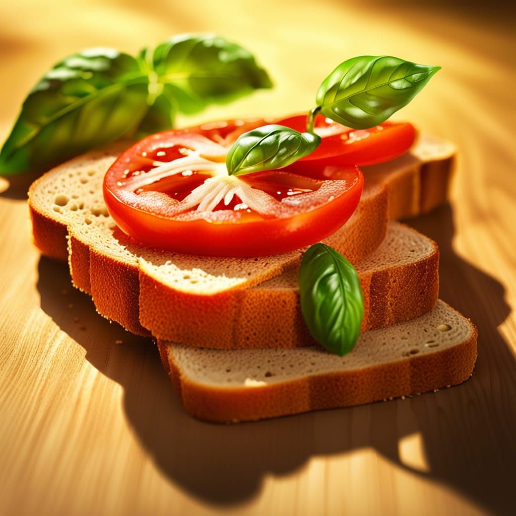 Tomato and Basil Bread Slice in Golden Light