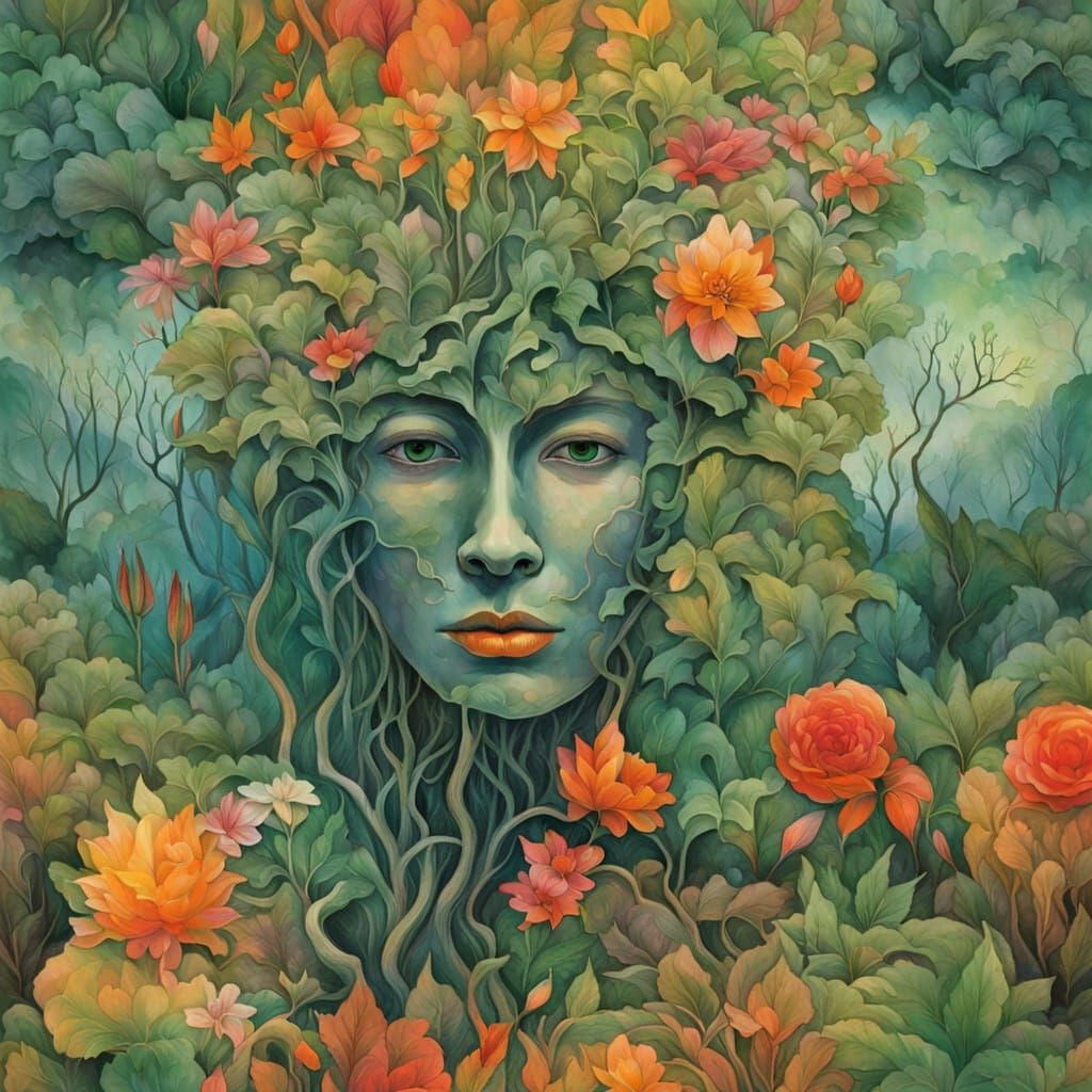 Surrealist Goddess Blooms with Vibrant, Ethereal Garden