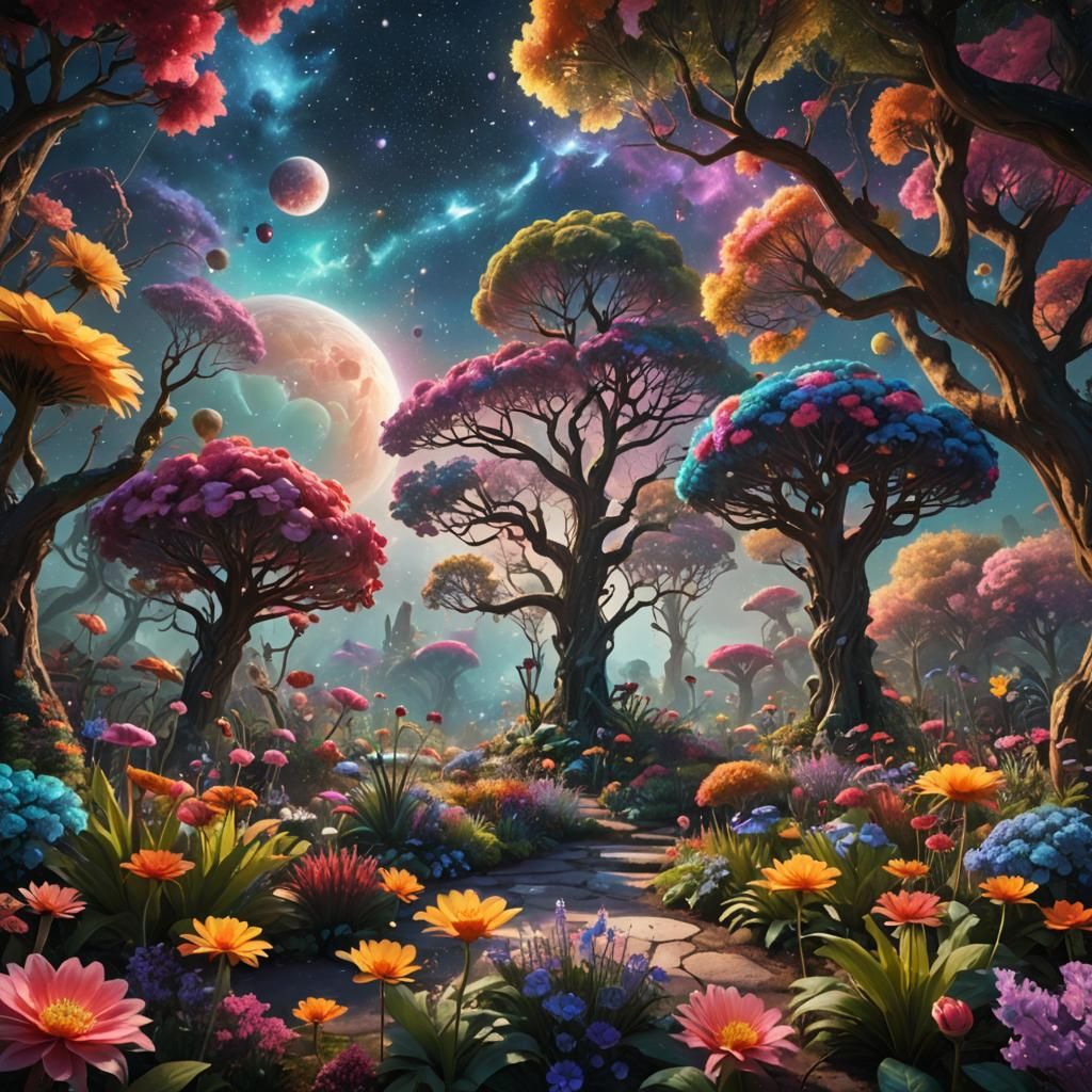 Dreamy Cosmic Garden Floating in Space: Fantasy Art