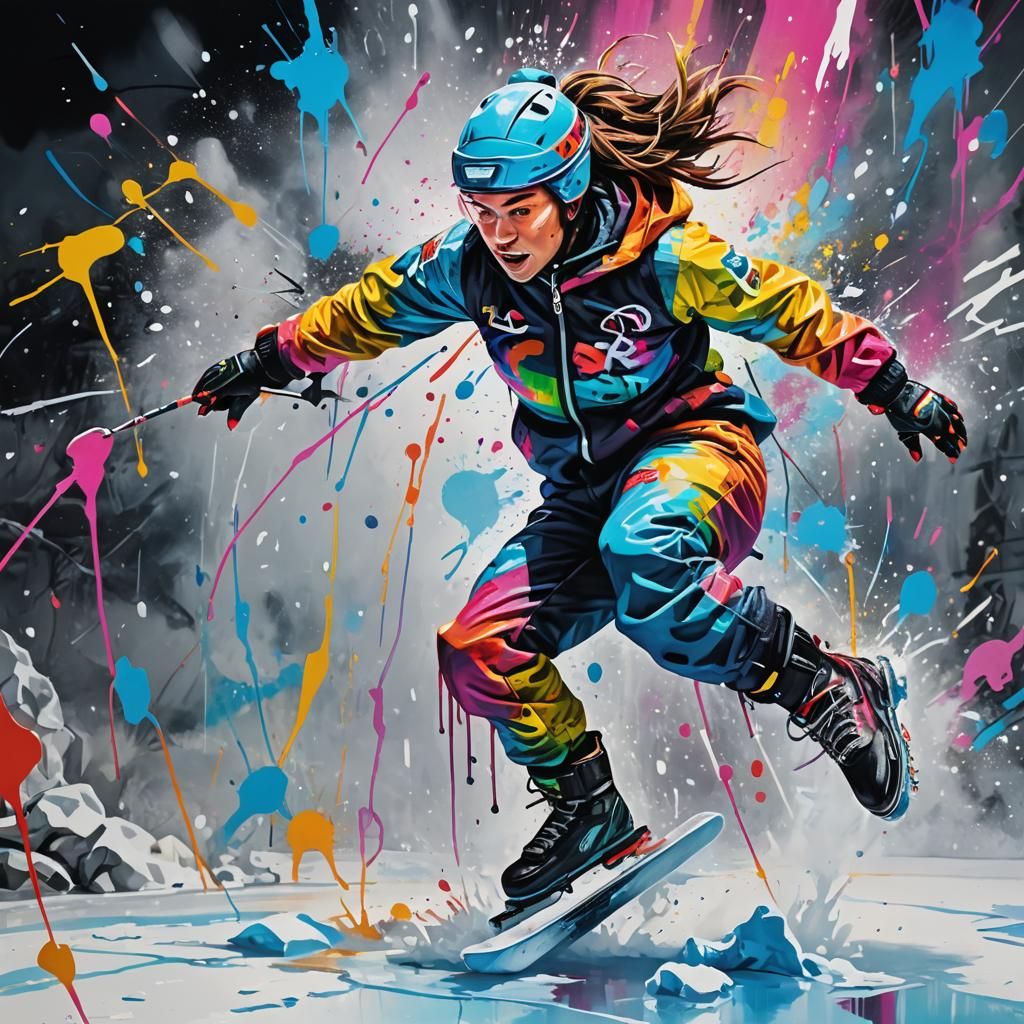 Vibrant Graffiti Art of Ice Skater's Quad Jump