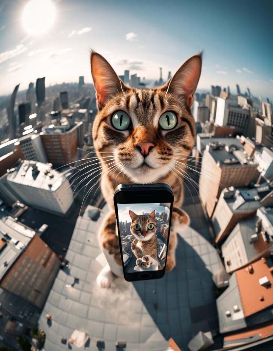 Cat Selfie on Rooftop with Fisheye Effect
