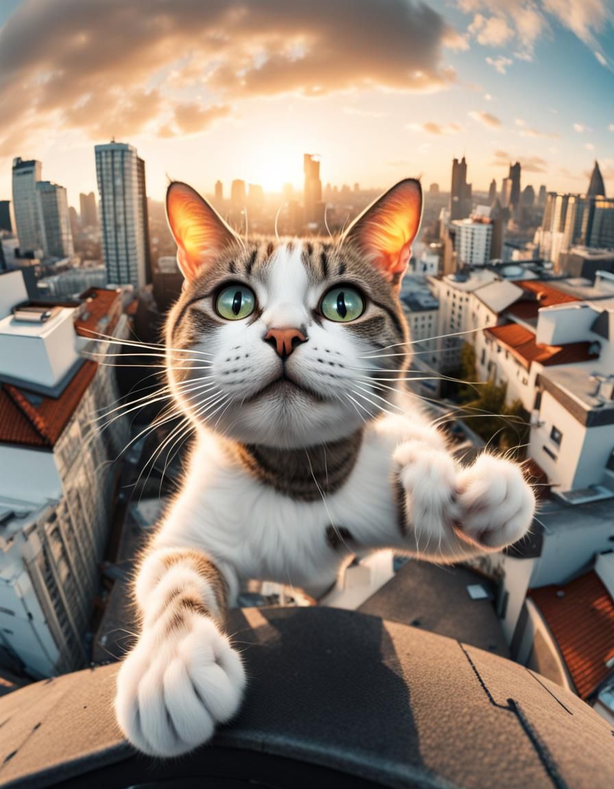 Cat Selfie with Fisheye Lens on Rooftop