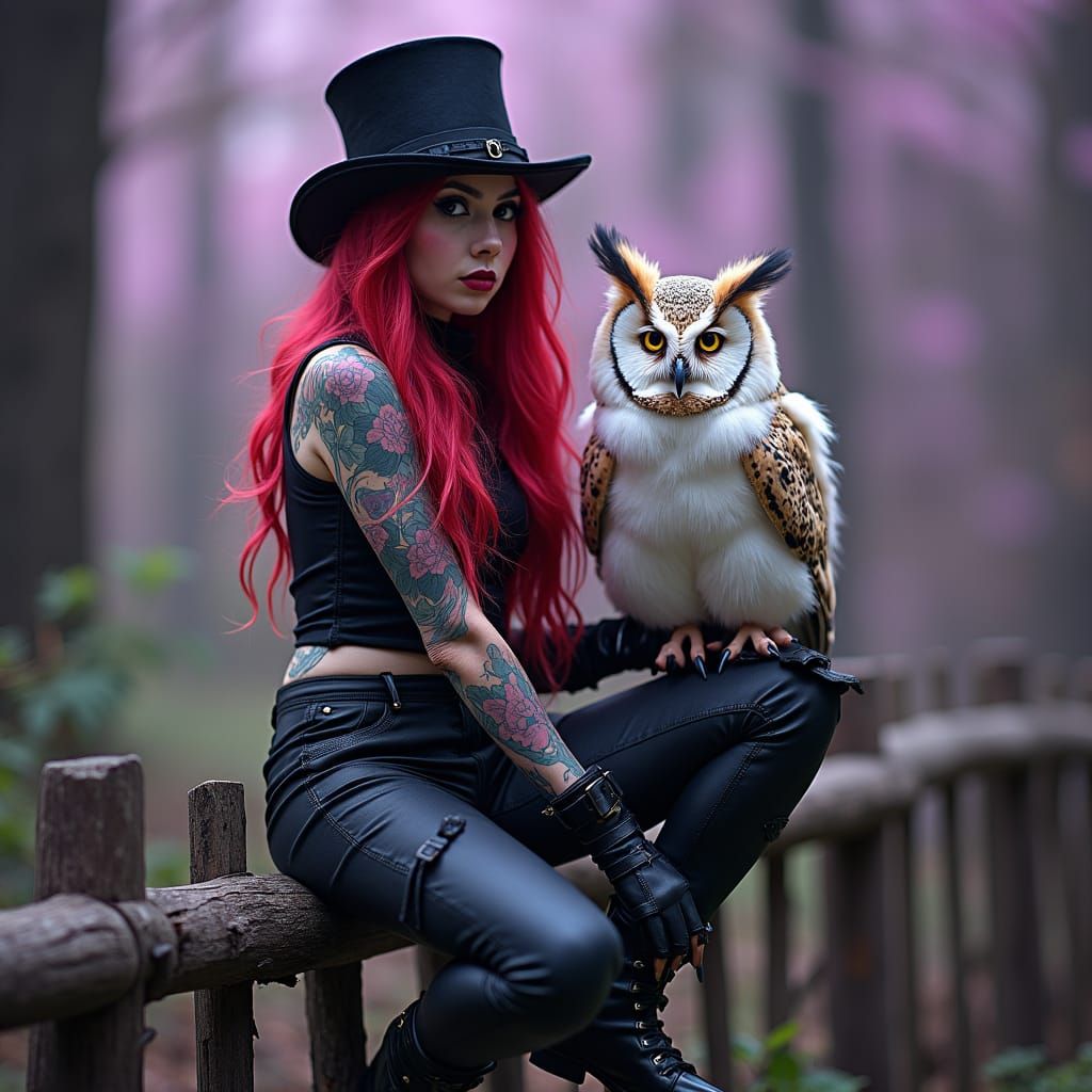 Gothic Redhead with Owl in Magical Scene