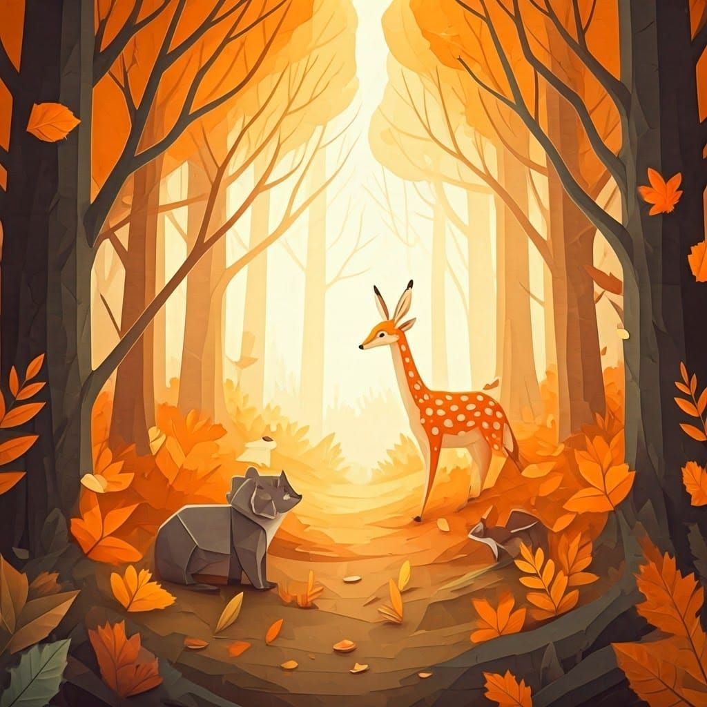 Autumn Forest Animals in Origami Paper Art Style