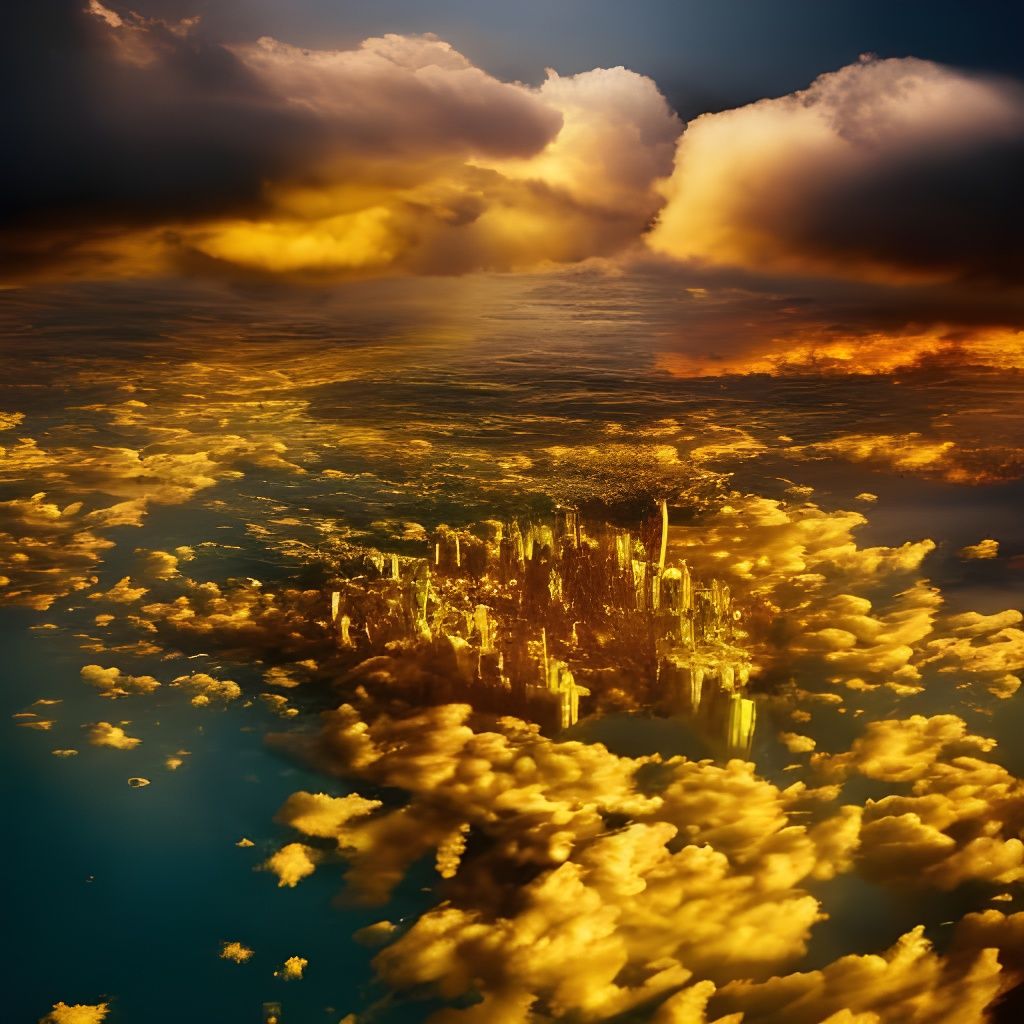 Magical Golden City in Clouds at Sunset: Photorealistic Imag...