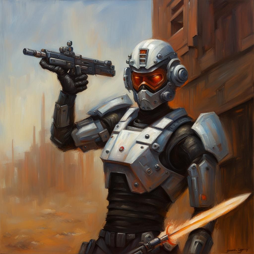 Cyborg SWAT Officer with Sword: Oil Painting