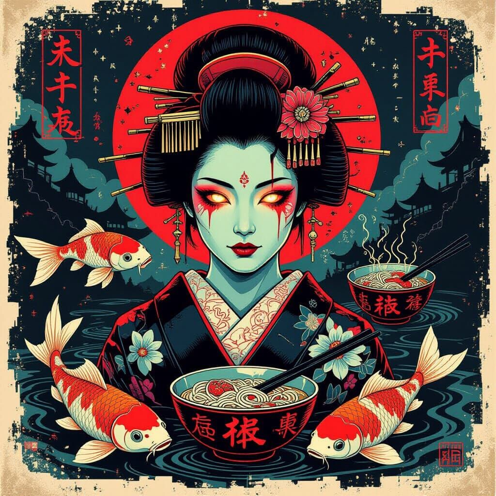 Geisha with Glowing Eyes in Splash Art Style