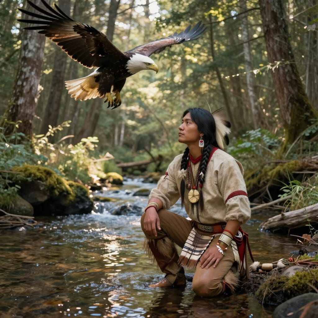 Native American Warrior Reflects by Stream with Soaring Eagl...