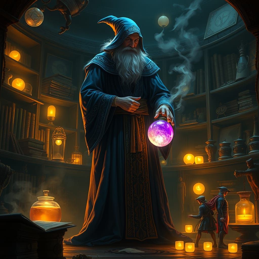 Wizard Creating Potion in Dark Fantasy Laboratory