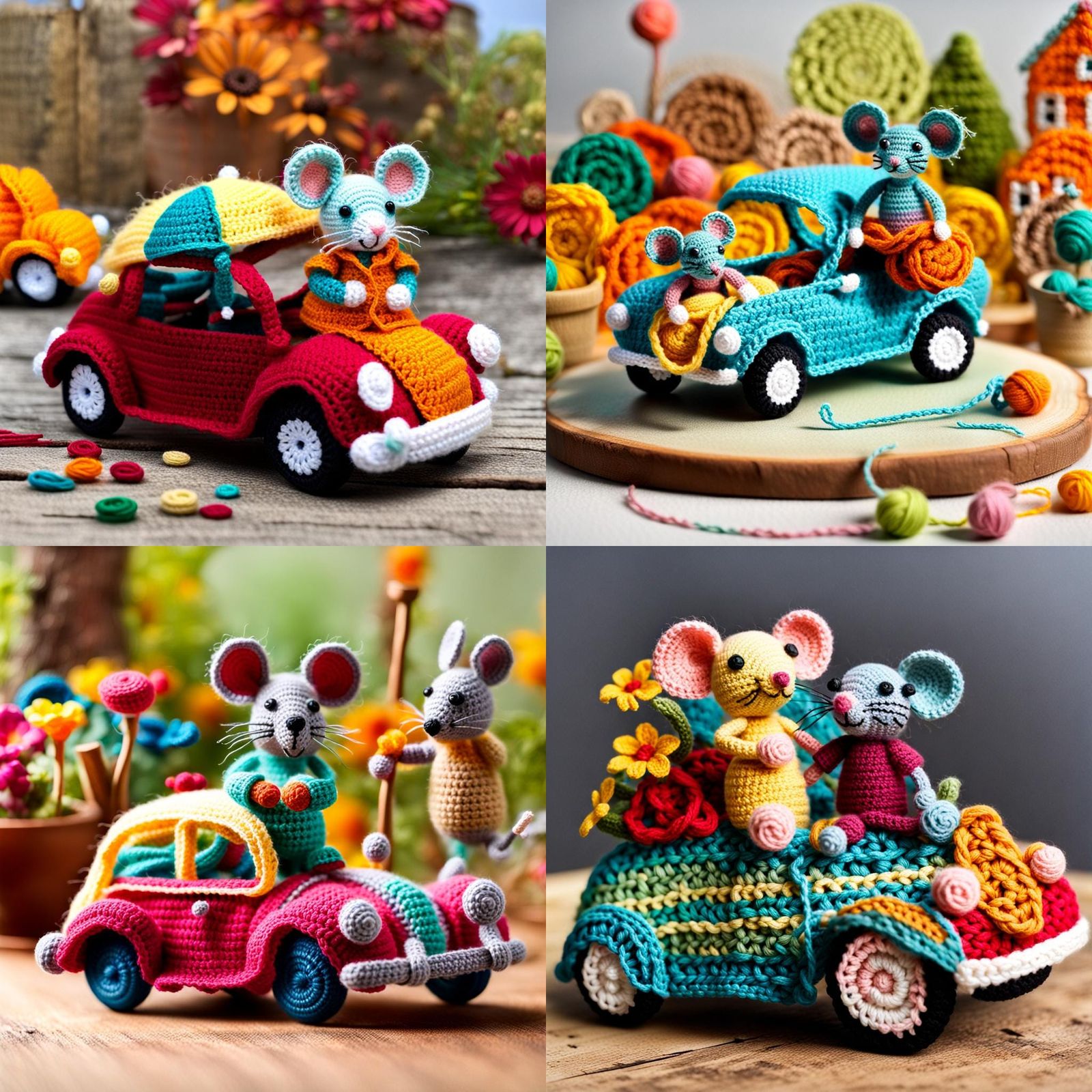Mouse on Car Crochet Scene in Gentle Colors