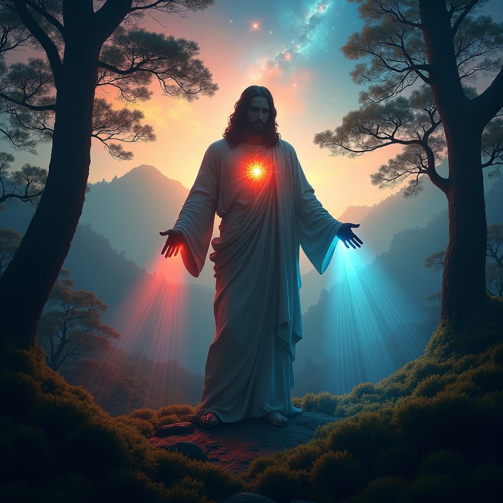 Jesus Silhouette in Cosmic Forest at Twilight