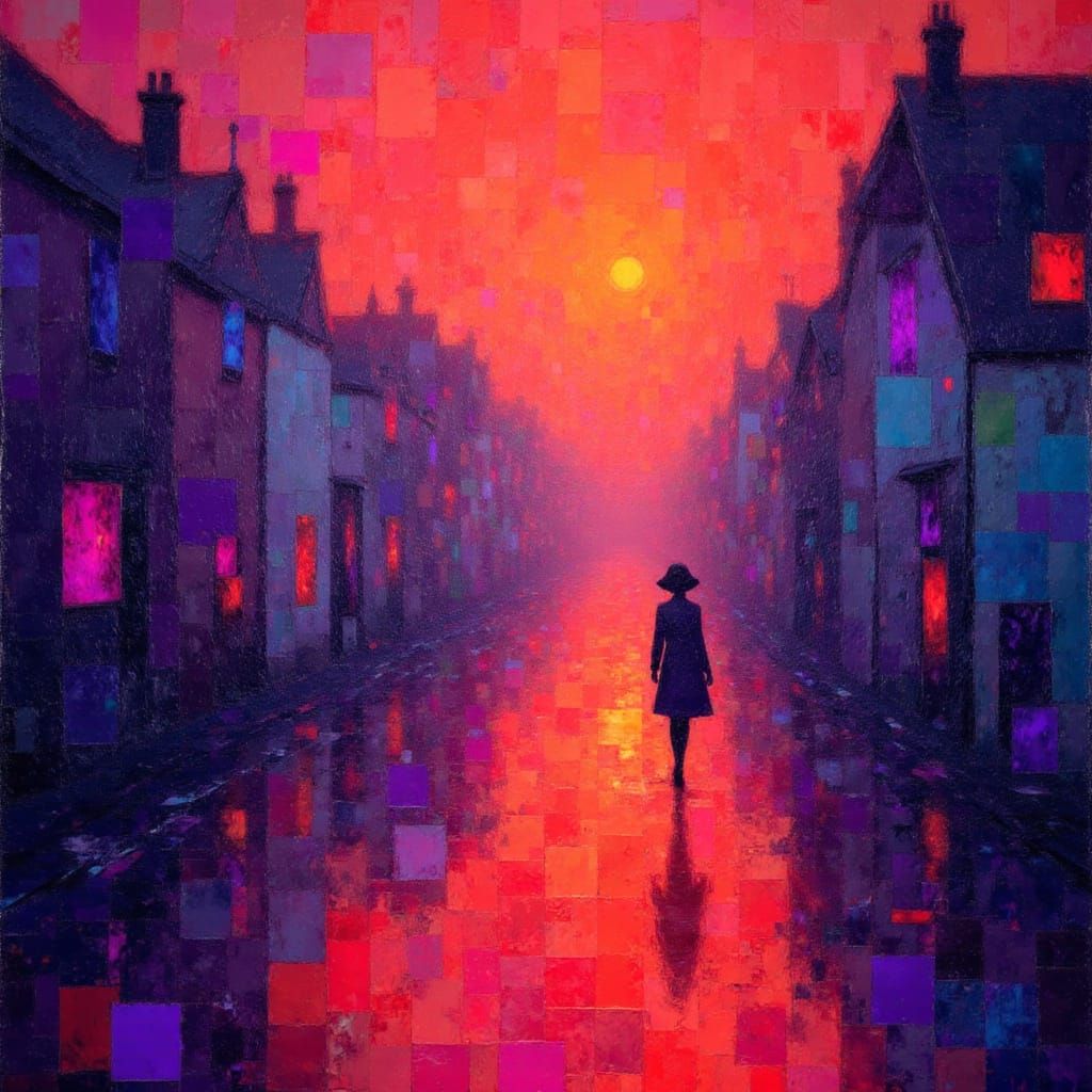 Neo-Gothic Village Street in Twilight: Oil Painting