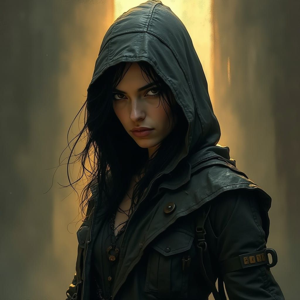 Mysterious Dark Grey Rogue with Piercing Eyes