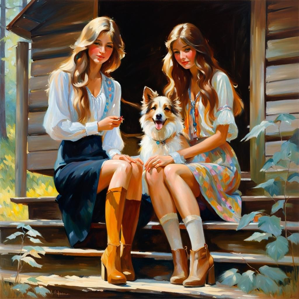 Hippie Girls on Cabin Steps in Woods: Elegant Painting