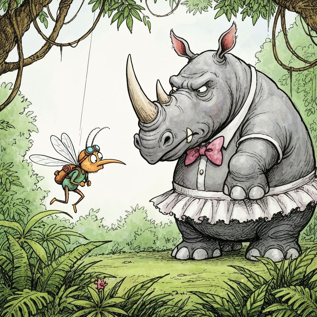 Mosquito Backpacks Towards Rhinoceros in Whimsical Jungle