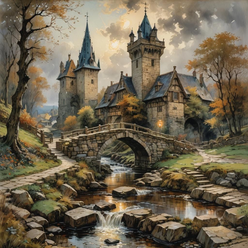 Hyperdetailed Bridge Scene Inspired by Arthur Rackham