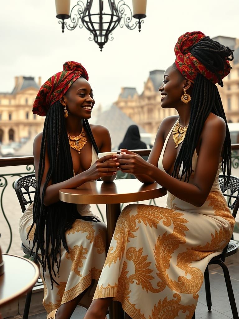 Twin Women in Habesha Dress at Parisian Café