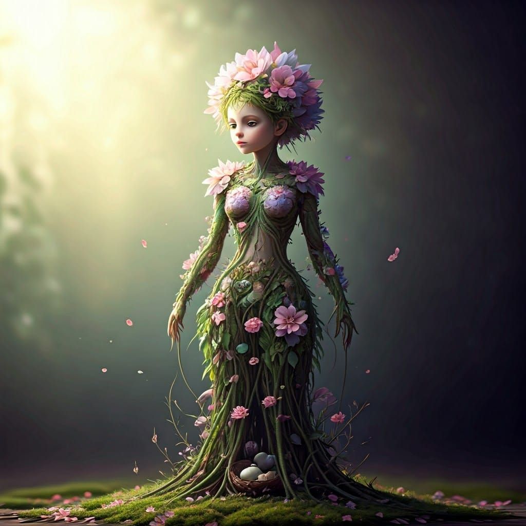 Botanical Being Composed of Flowers and Bird Nests