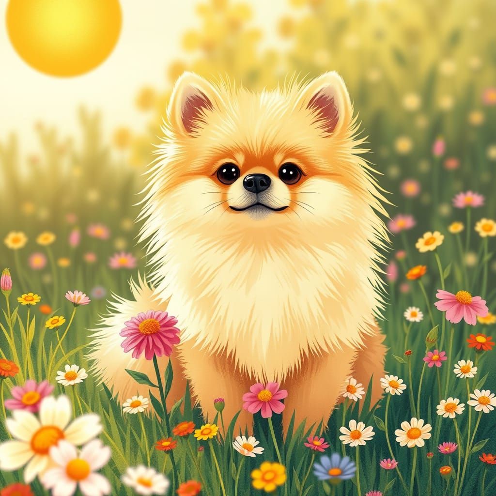Fluffy Pomeranian in Sunlit Meadow, Storybook Style