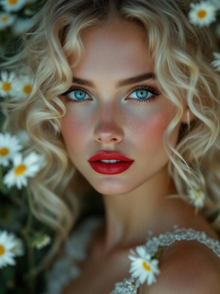 Blonde Woman with Daisies in Digital Art Style