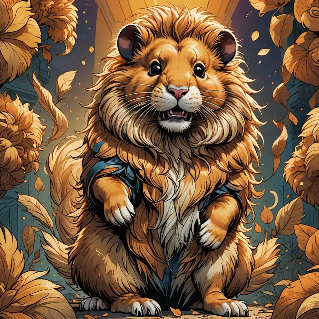 Heroic Hamster-Lion Hybrid in Comic Book Style