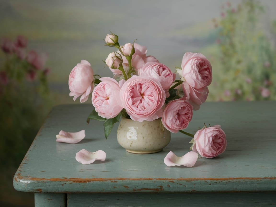 Classic Still Life with Pink Roses and Natural Landscape