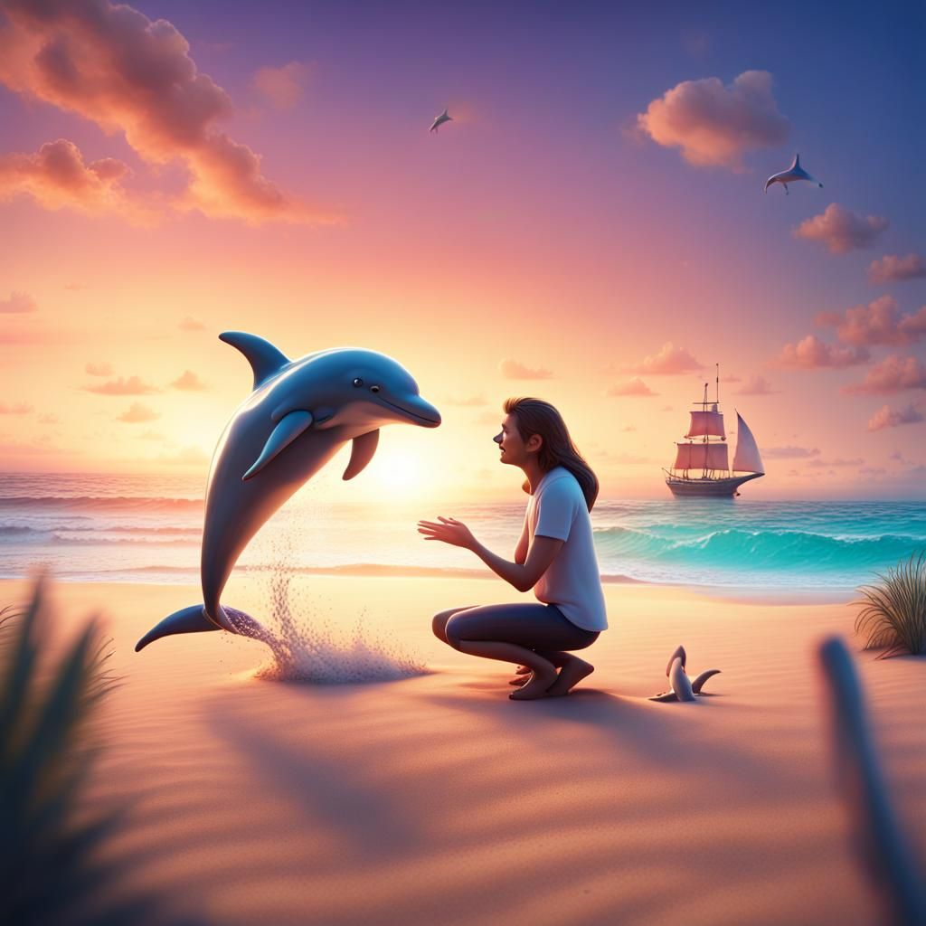 Romantic Beach Proposal with Dolphins, Pixar Style