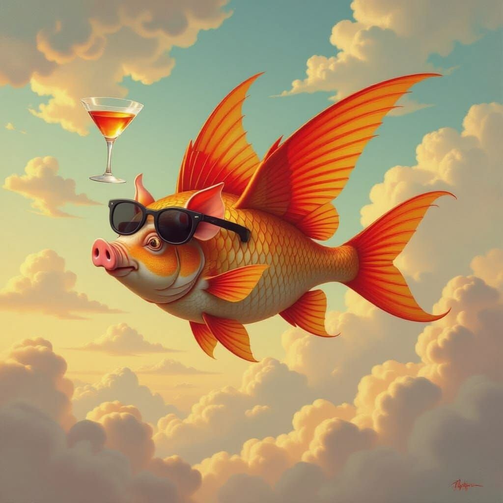 Whimsical Pig Fish Soars in Surreal Oil Painting Sky