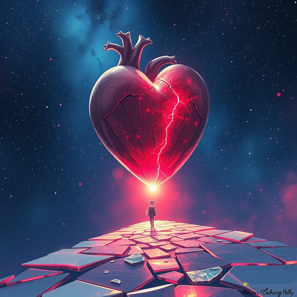 Cracked Heart in Starry Void with Anime Figure