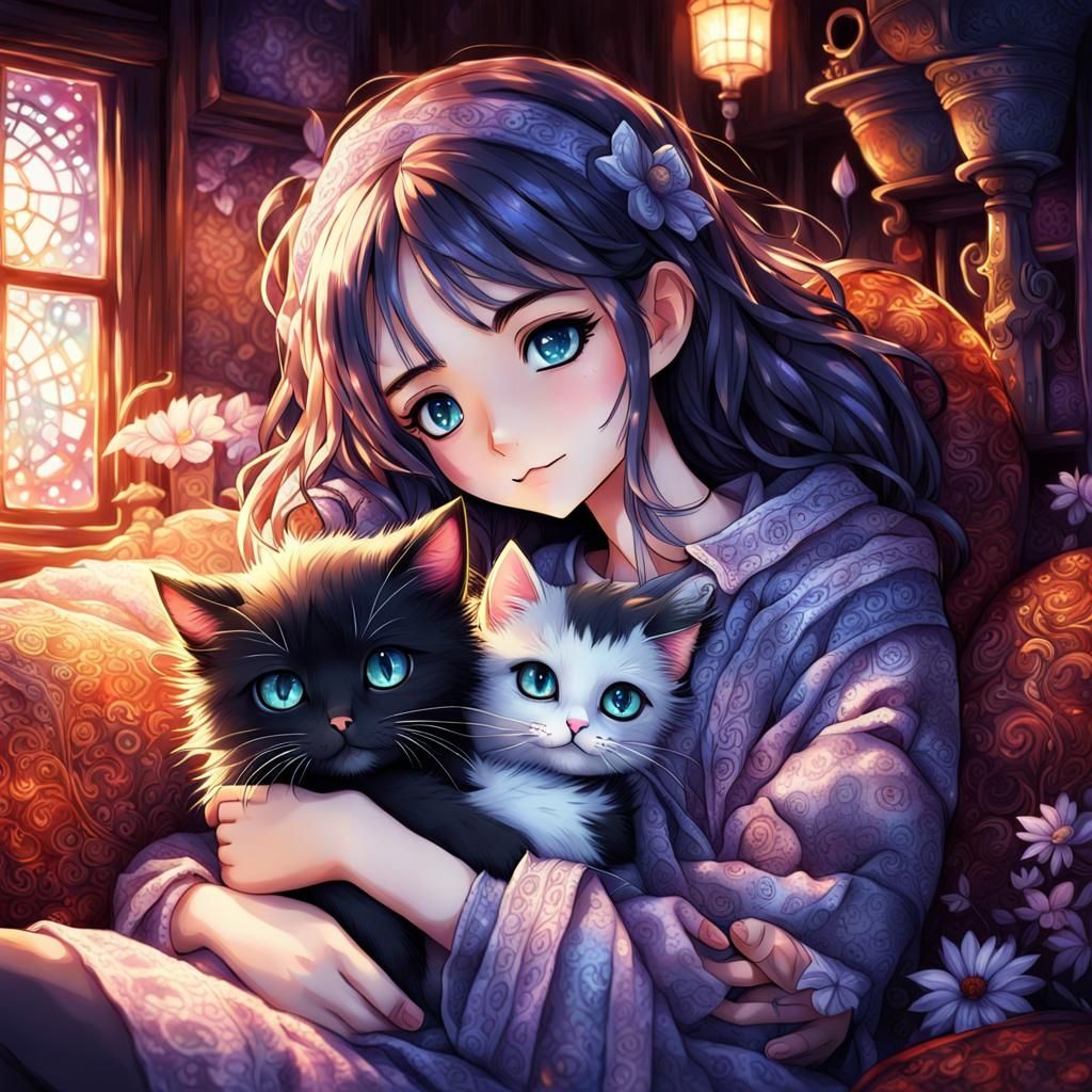 Girl with Kitten in Anime Style