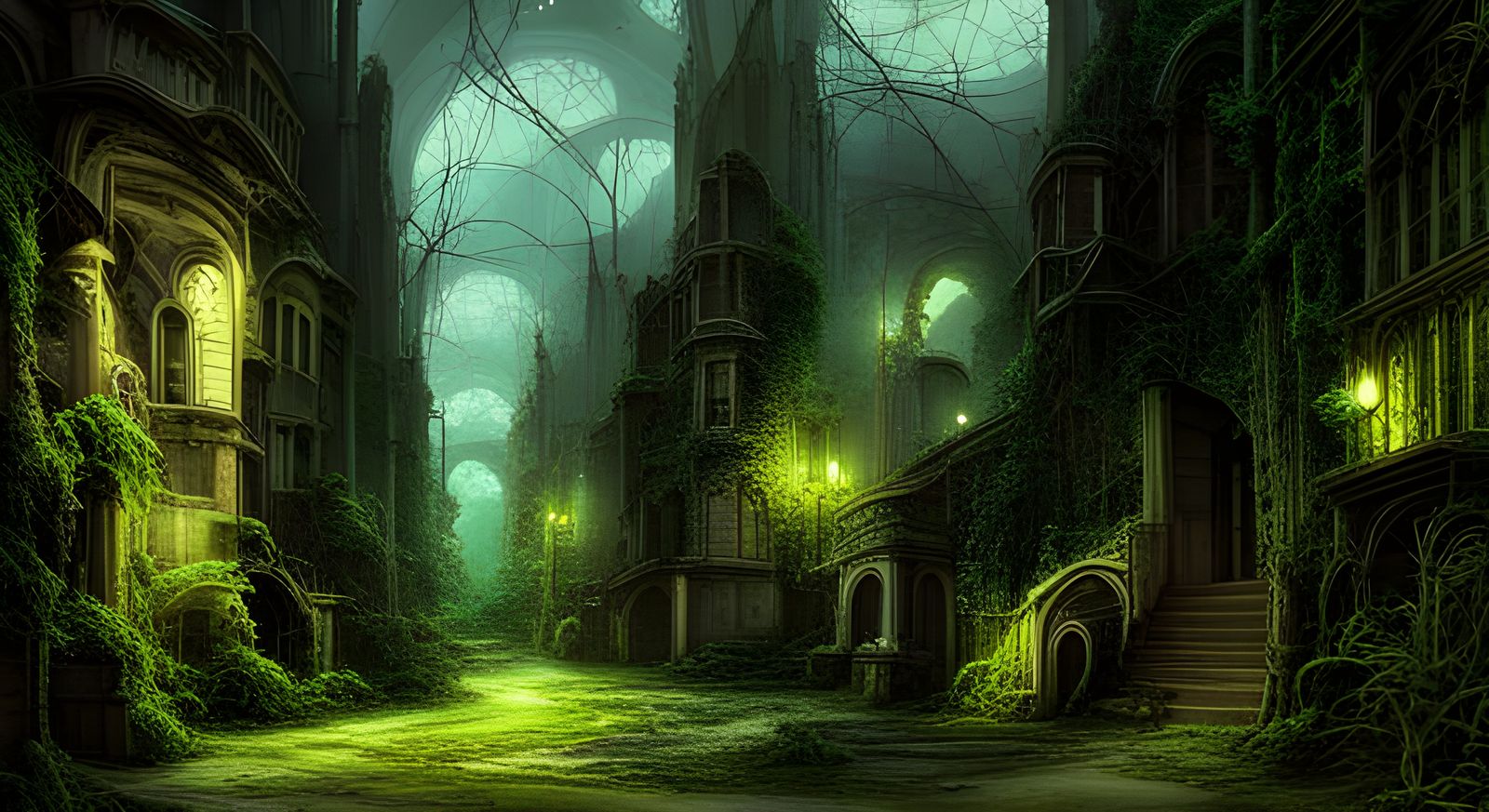 Neon Gothic City Overgrown with Vines