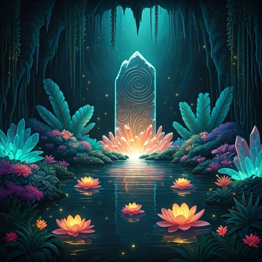 Bioluminescent Oasis in Crystalline Cave with Rainbow Lights