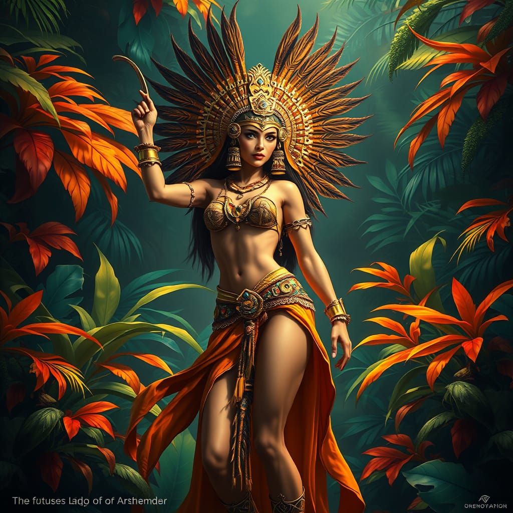 Regal Aztec Goddess in Vibrant Jungle Splendor