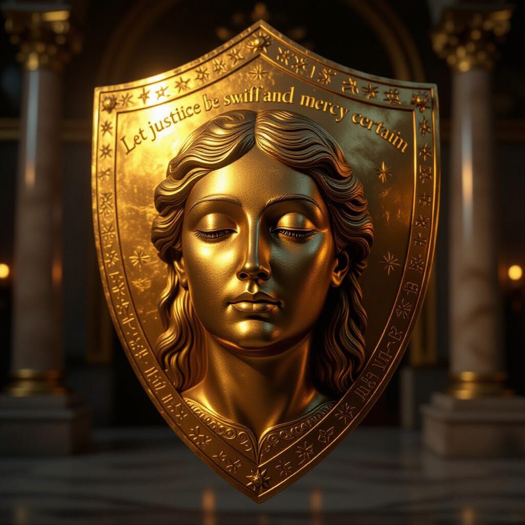 Celestial Face on Gleaming Golden Shield
