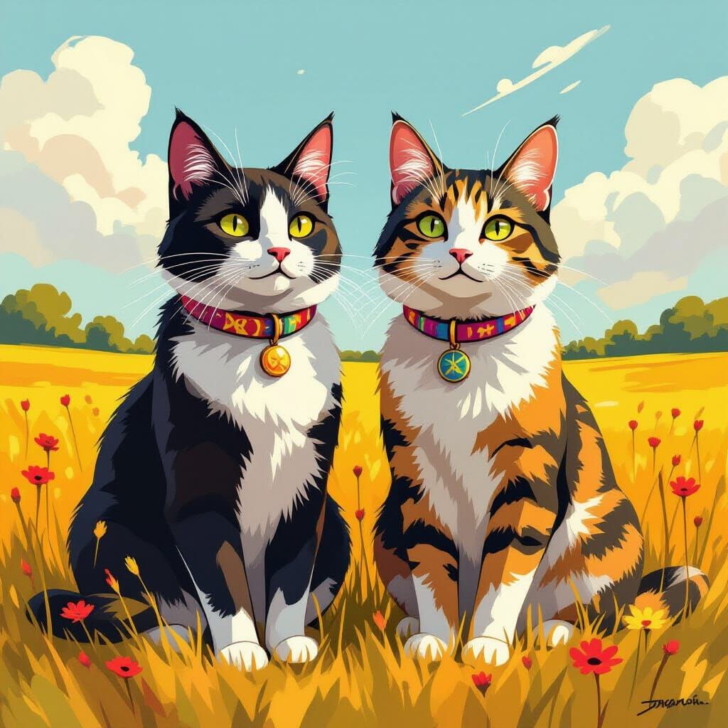 Two Large Cats in Sunny Meadow Painting