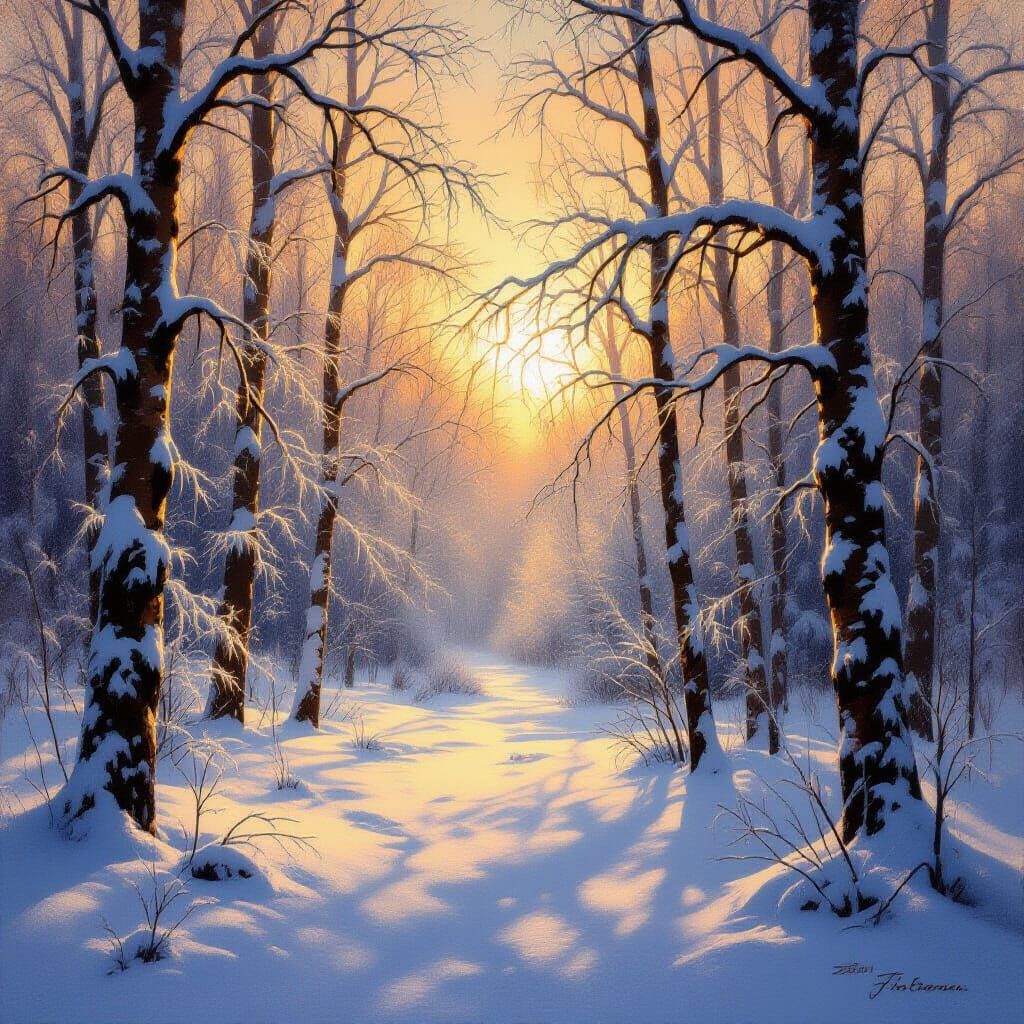 Sfumato Winter Forest Sunlight Painting