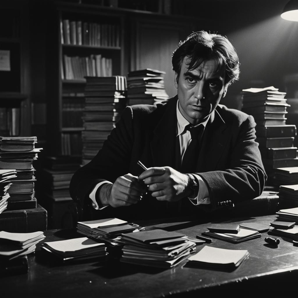 Noir Film Still: Man at Desk with Pistol