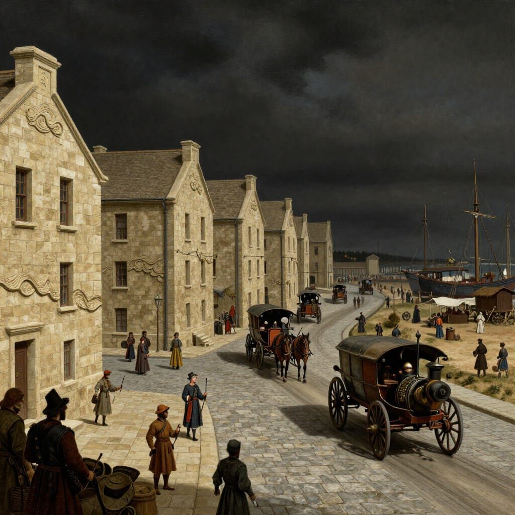 Medieval Avenue with Steam Carriages and Wave Carvings