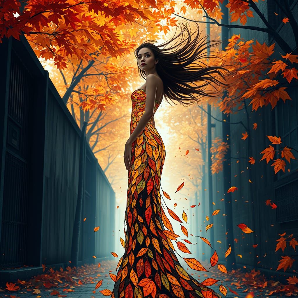 Lady in Stained Glass Dress Dances with Autumn Wind