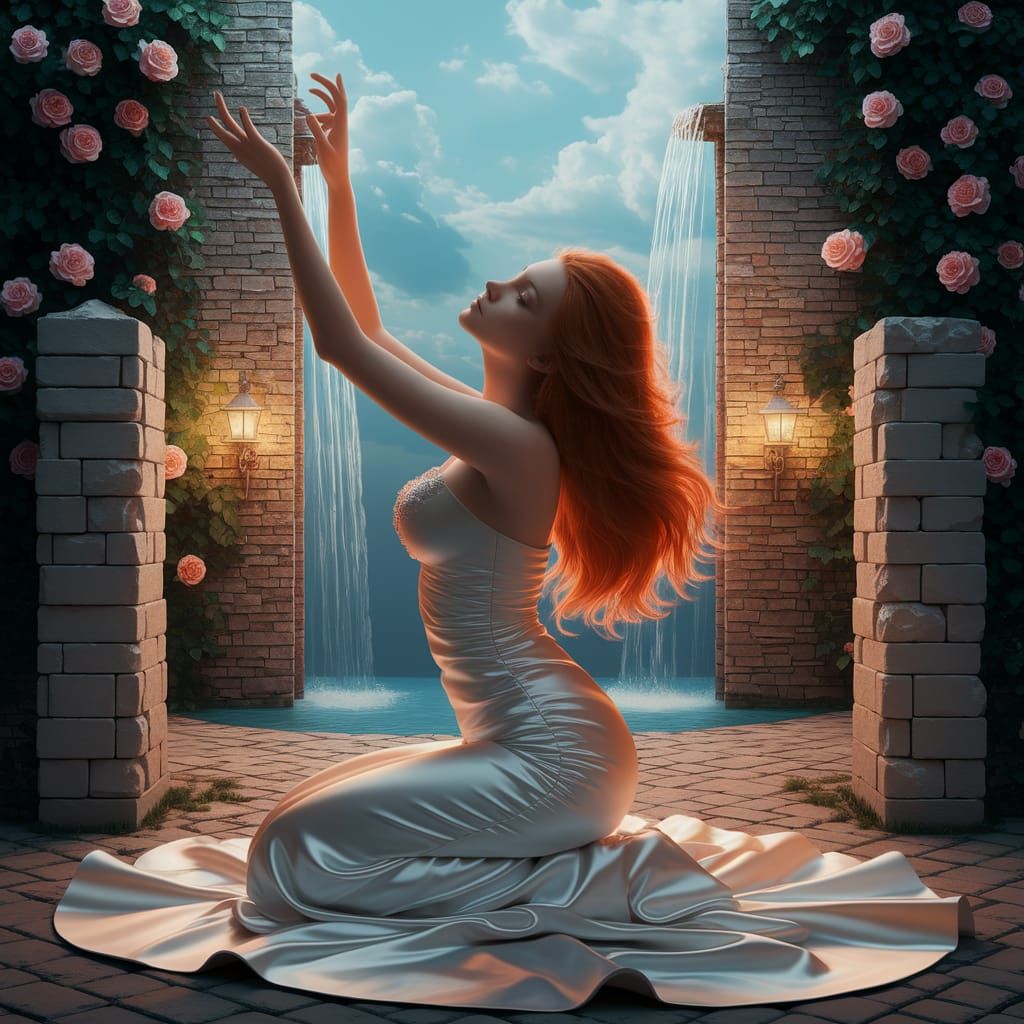 Surreal Ginger Haired Woman in Courtyard