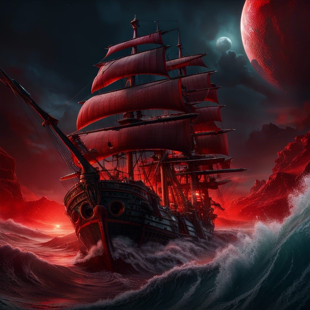 Hyperdetailed Corsair Ship Under Blood Red Moon