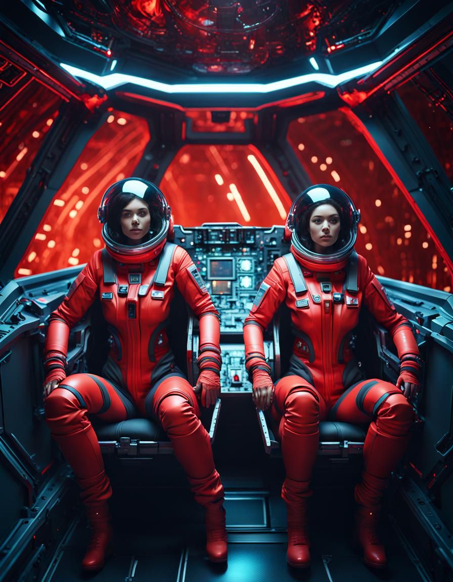 Brunette Twins in Spaceship Cockpit, Futuristic Sci-Fi
