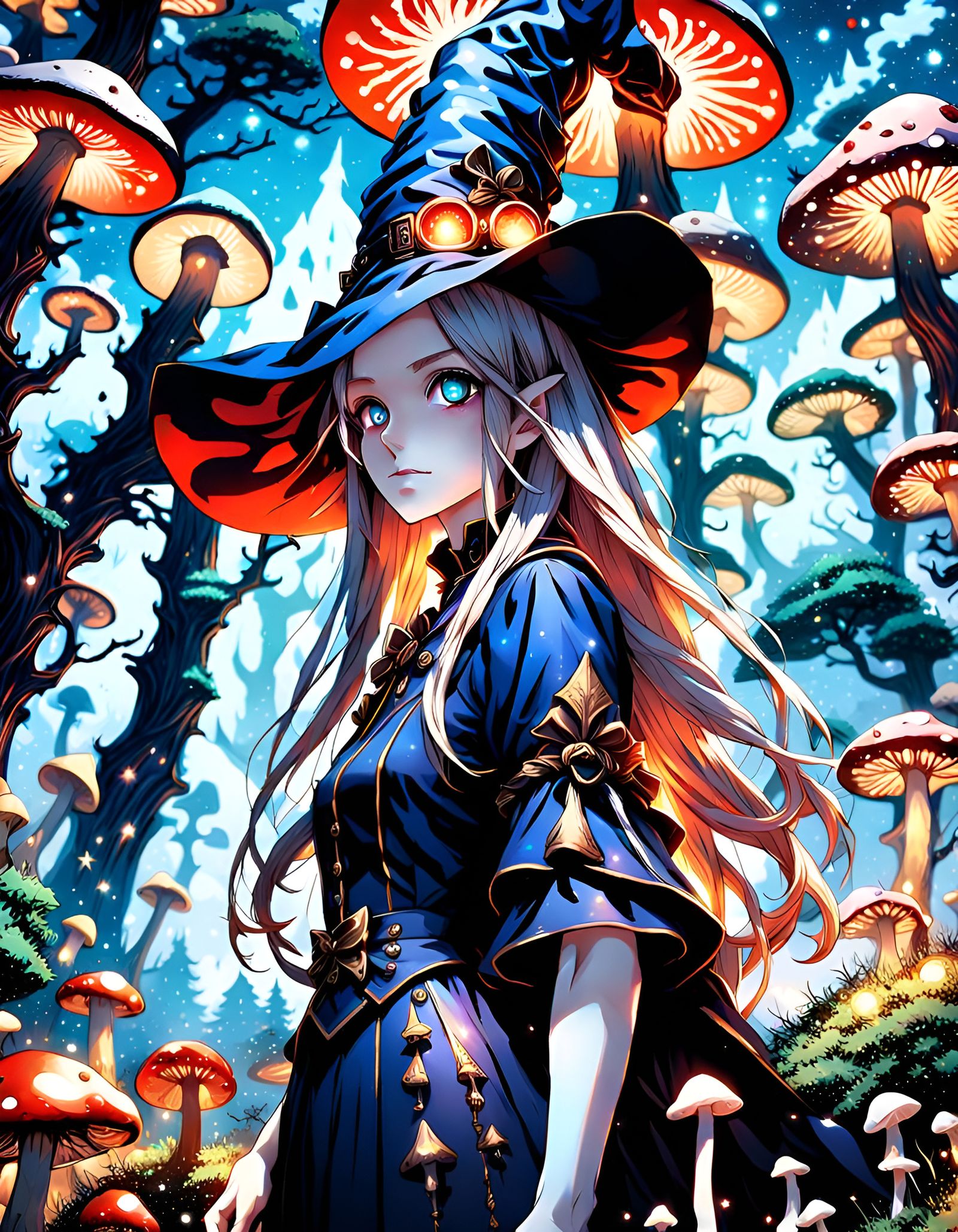 Dark Alice in Witch Hat Among Sparkling Trees