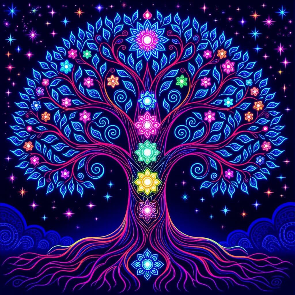 Psychedelic Tree of Life with Chakra Crystals in Black Light