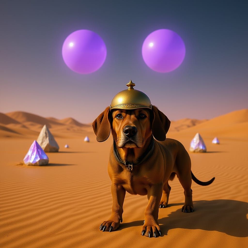 Basset Hound in Alien Desert Under Twin Suns