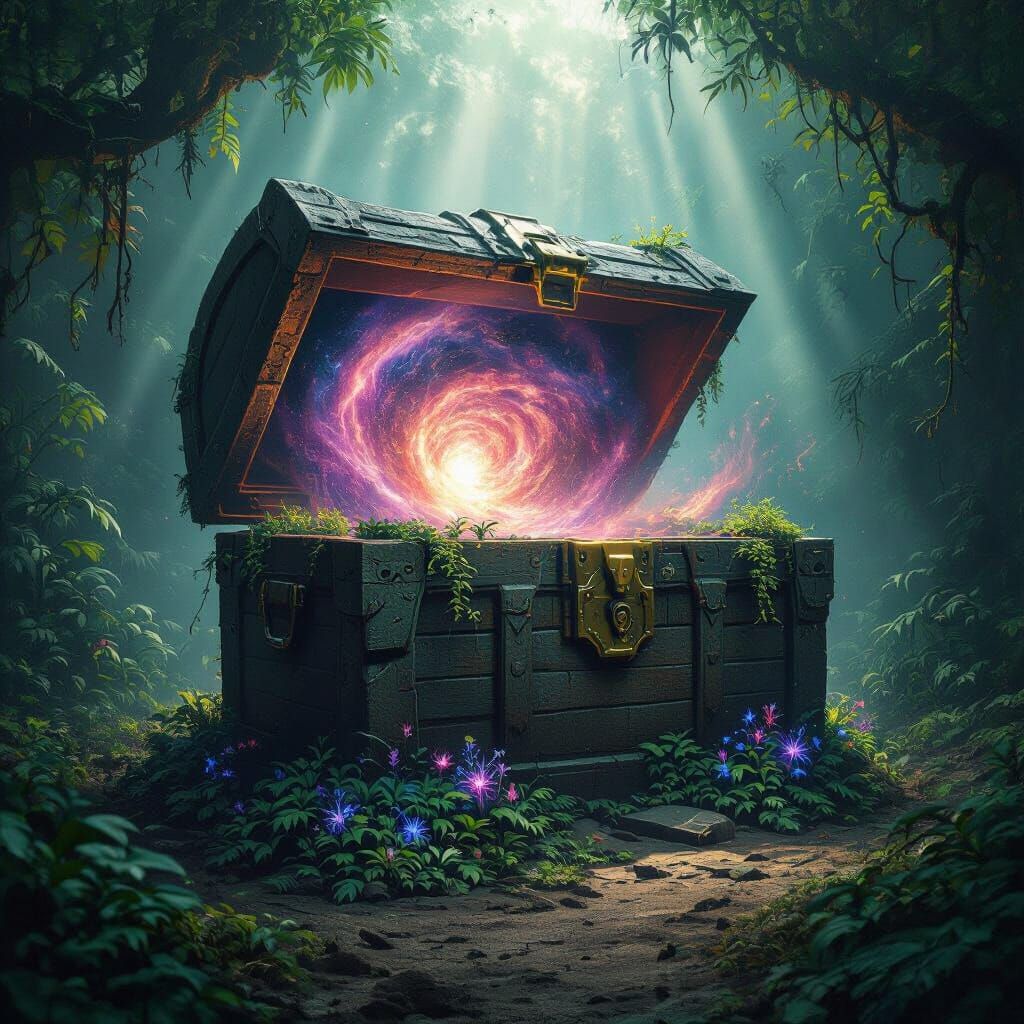 Ancient Cosmic Chest in Sunlit Jungle Clearing