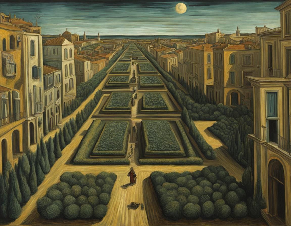 Surreal Garden City Fantasy in Oil Paint