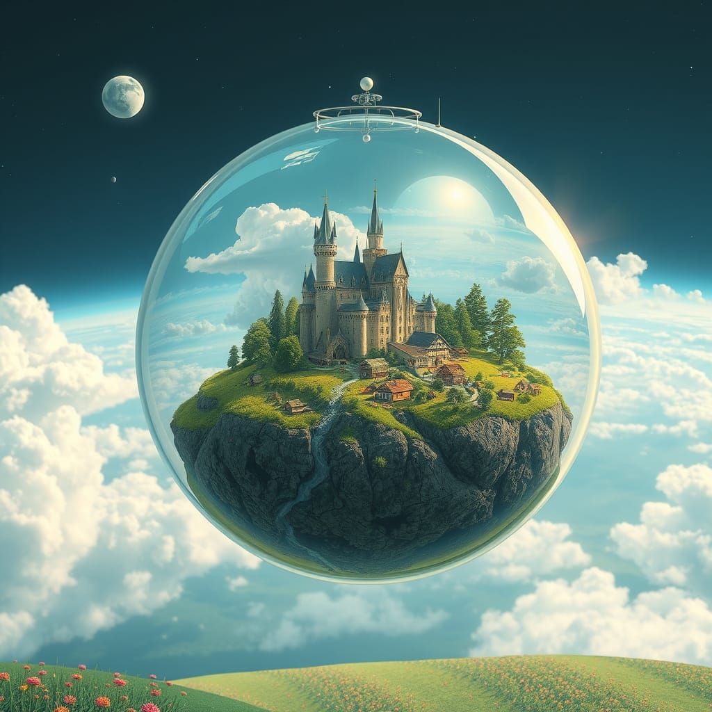 Surreal Glass Orbital World in Whimsical Cyberpunk Style