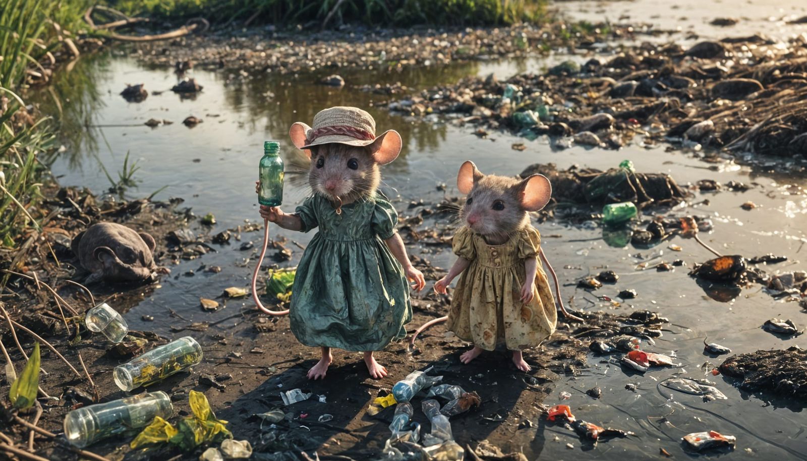 Mouse by Polluted River: Cinematic Scene